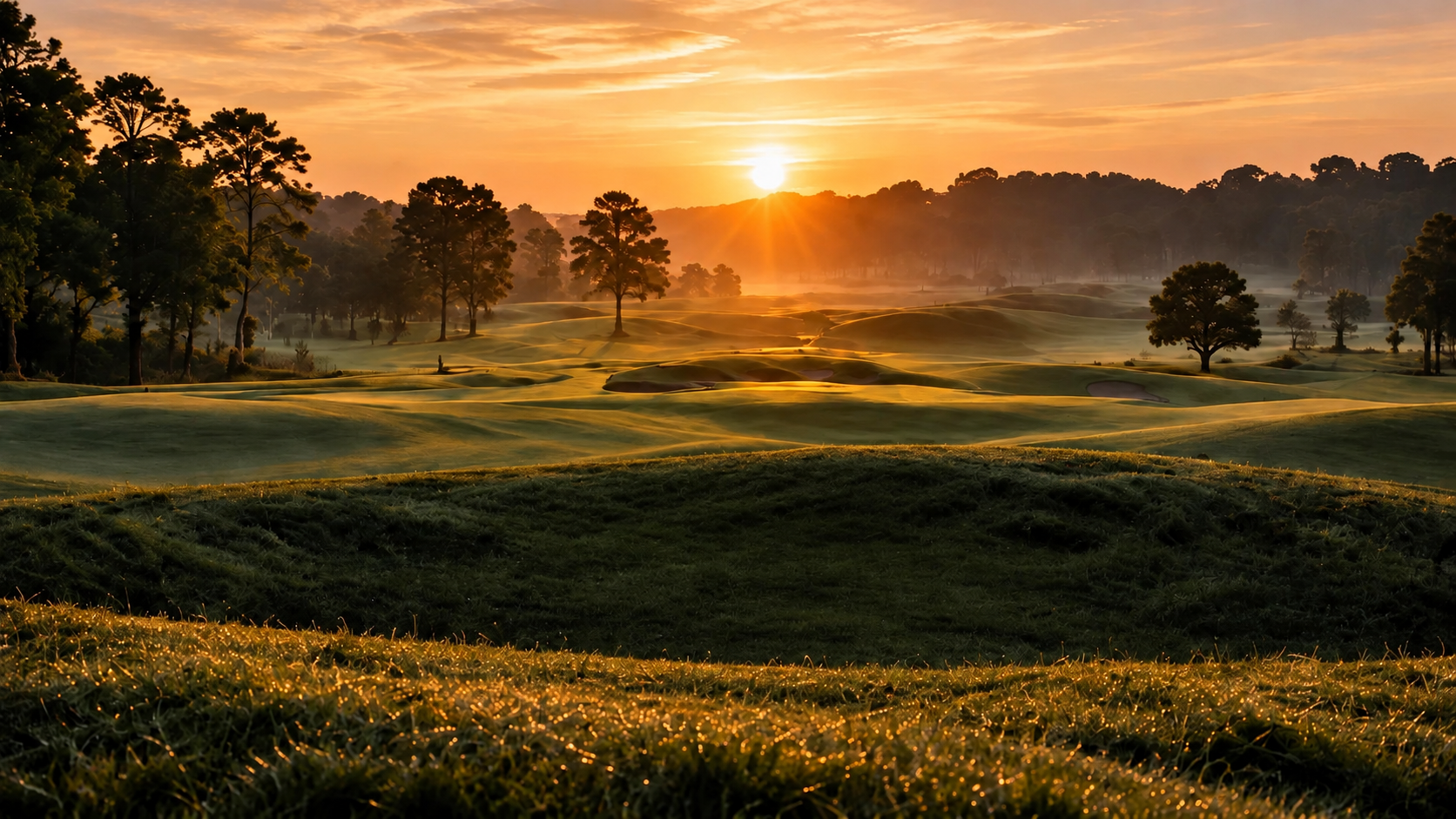 Golden sunrise over rolling fairways